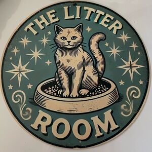 Cat in Litter Box Faux Vintage Metal Sign